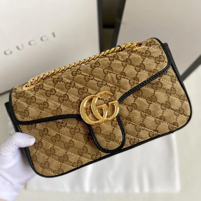 Gucci Marmont Small Shoulder Bag Beige/Ebony Diagonal Matelass Original GG Canvas For Women 10in/26cm 443497 HVKEG 9772