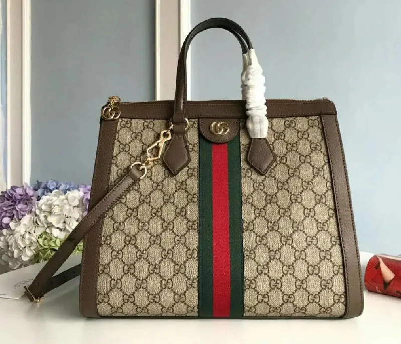 Gucci Ophidia GG Medium Tote Bag Beige/Ebony GG Supreme Canvas With Brown For Women 13in/33cm GG 524537 K05NB 8745