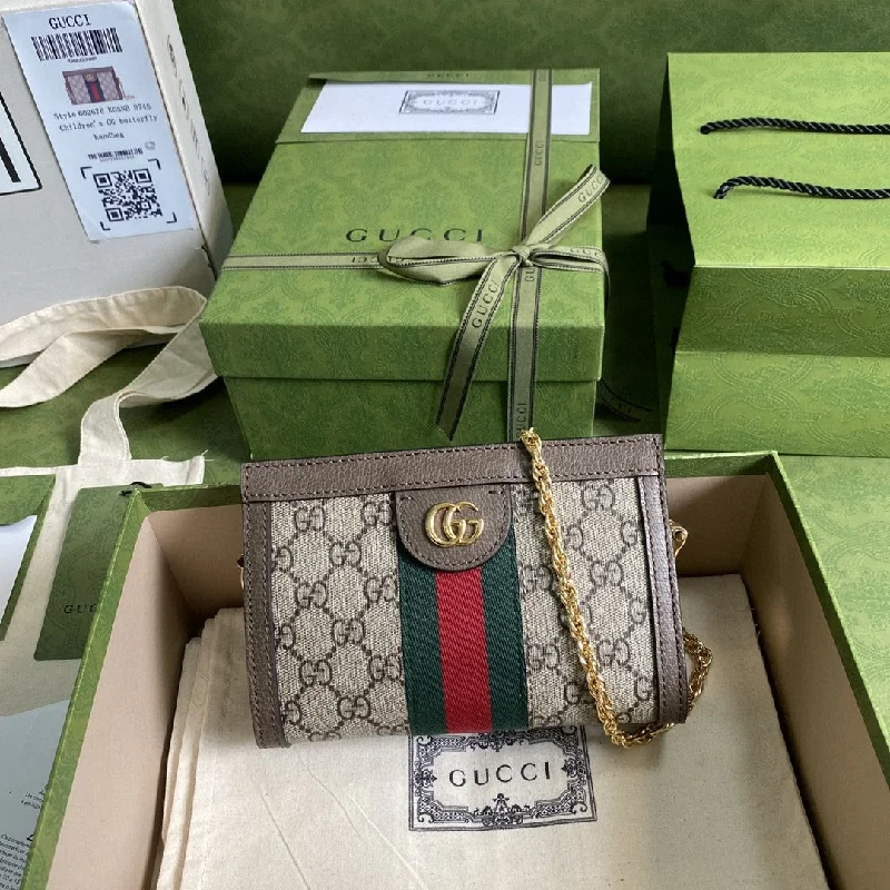 Gucci Ophidia Mini Shoulder Bag Beige/Ebony GG Supreme Canvas Green And Red Web Detail Brown For Women  7.5in/19cm GG 602676 K05NB 8745