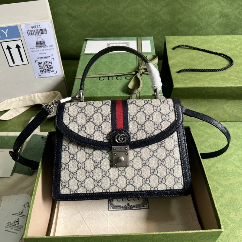 Gucci Ophidia Small Top Handle Bag Beige And Blue GG Supreme Canvas  For Women 10in/25cm 651055 96IWN 4076