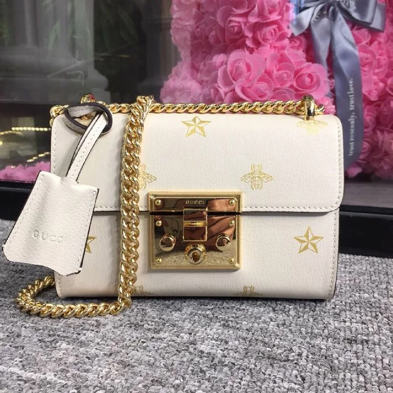 Gucci Padlock Small Bee Star Shoulder Bag White Metal-Free Tanned With Gold Bees And Stars Print For Women 7.9in/21cm GG 432182