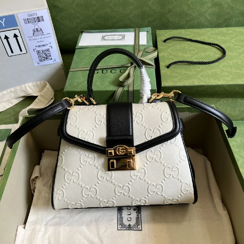 Gucci Small Top Handle Bag White Debossed GG White For Women 11in/29cm  675791 UD9AX 9099