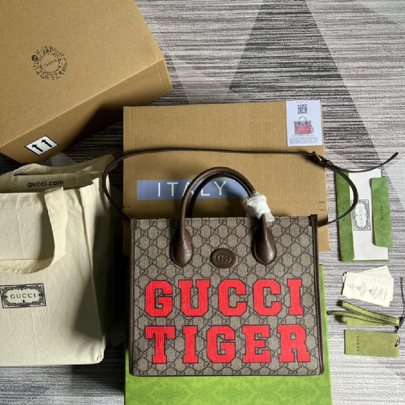 Gucci Tiger GG Medium Tote Bag Beige And Ebony GG Supreme Canvas Brown For Women 14.8in/37.6cm GG 687827 US7EC 9396