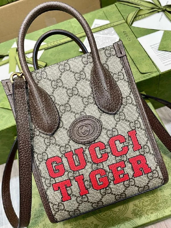 Gucci Tiger GG Mini Tote Bag Beige And Ebony GG Supreme Canvas Brown For Women 7.8in/20cm GG 671623 US7EC 9396