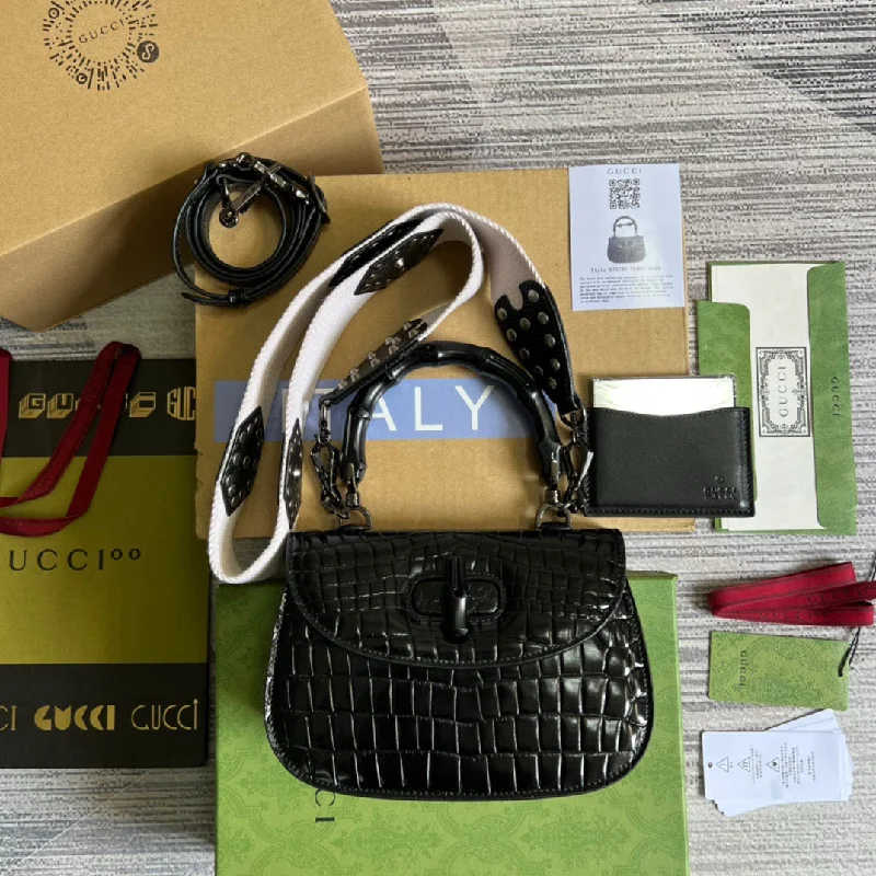 Gucci Bamboo 1947 Crocodile Top Handle Bag Black For Women. Women-s Bags 10.2in/26cm GG