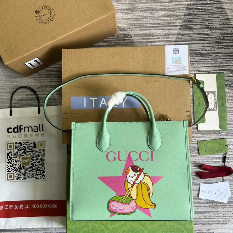 Gucci Bananya Print Small Tote Green For Women. Women-s Bags 12.2in/31cm GG 659983 U22AG 3067