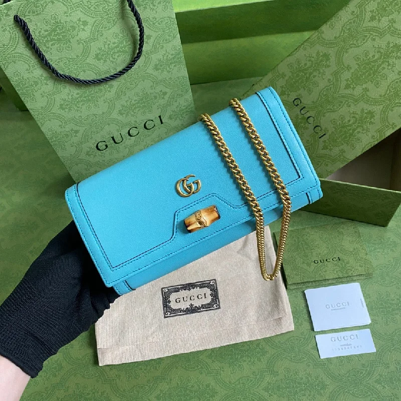 Gucci Diana Chain Wallet With Bamboo Blue For Women. Women-s Bags 7.4in/19cm GG