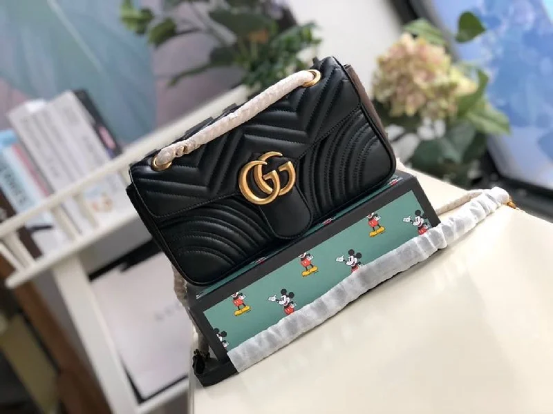 Gucci GG Marmont Small Matelass Shoulder Bag Black Matelass Chevron For Women 10in/26cm 443497 DTDIT 1000