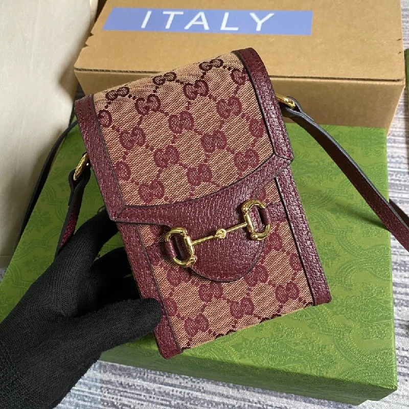 Gucci Horsebit 1955 Mini Bag Beige And Burgundy GG Supreme Canvas For Women 6.7in/17cm GG 625615F6B3G9865