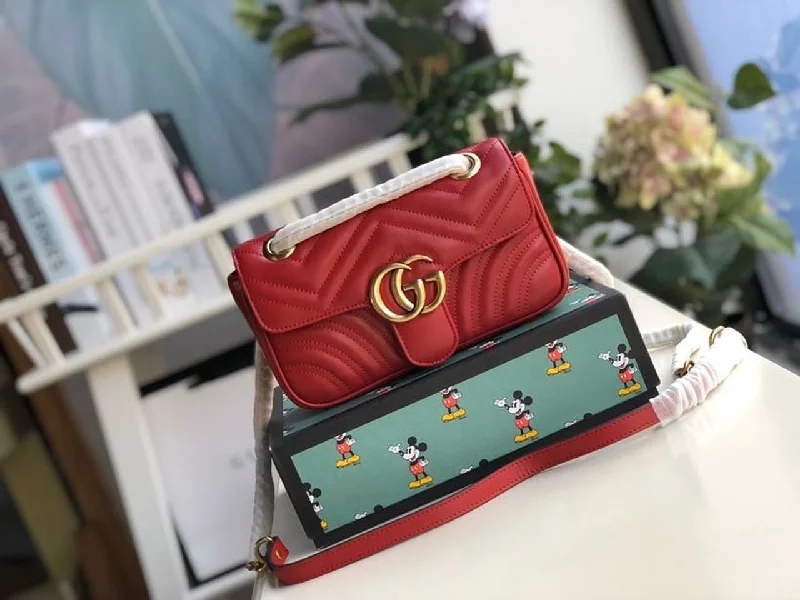 Gucci Marmont Matelass Mini Bag  Red Matelass Chevron  For Women 8.5in/22cm GG 446744