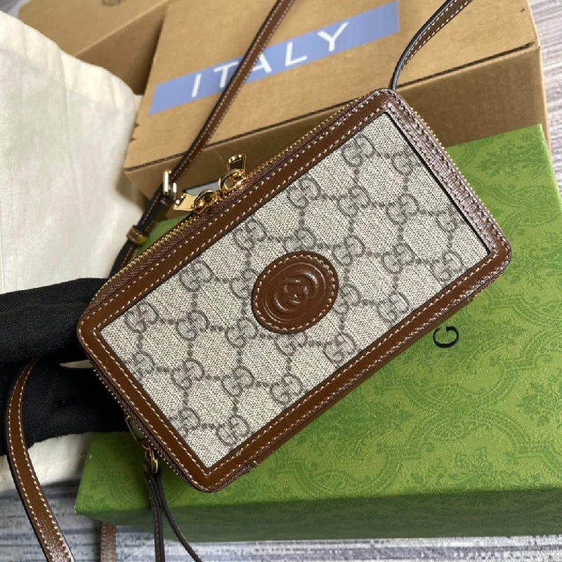 Gucci Mini Bag With InterlockingG Beige And Ebony GG Supreme Canvas And Brown For Women 9in/23cm GG