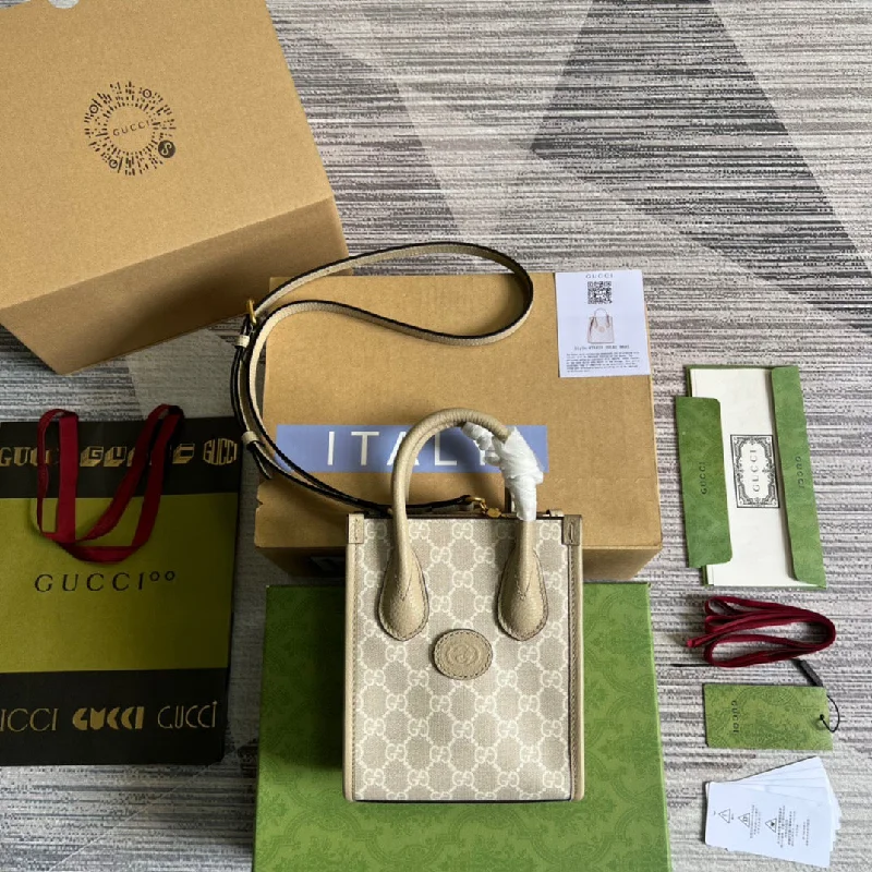 Gucci Mini Tote Bag With Interlocking G Beige For Women. Women-s Bags 7.8in/20cm GG ?671623 UULBT 9683