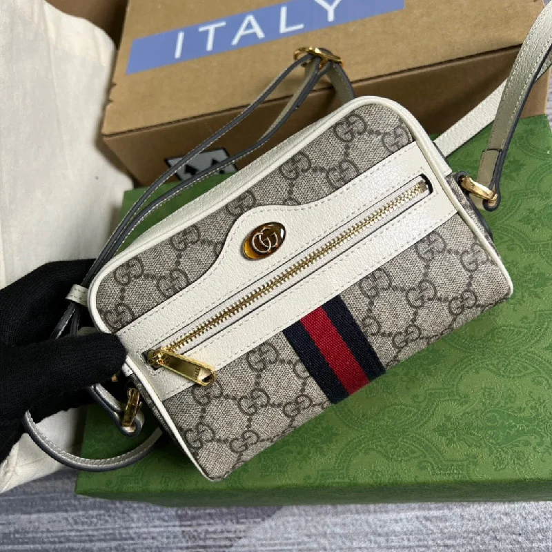 Gucci Ophidia Mini GG Bag Beige And Ebony GG Supreme Canvas. With White For Women 7in/17.5cm GG 517350 96IWS 9794