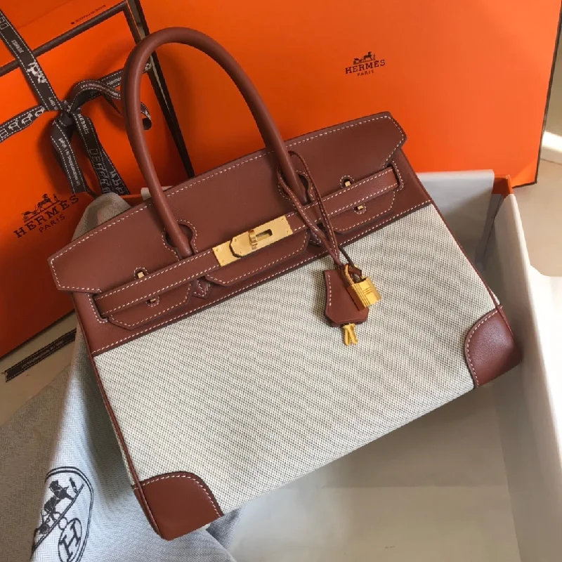 Hermes Birkin Bag Toile and Brown Barenia with Gold Hardware For Women. Women-s Handbags. Shoulder Bags 30cm/12in