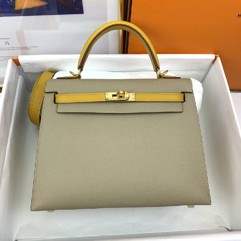 Hermes Kelly 25 Sellier Epsom Greige/Yellow Bag For Women. Women-s Handbags. Shoulder Bags 10in/25cm