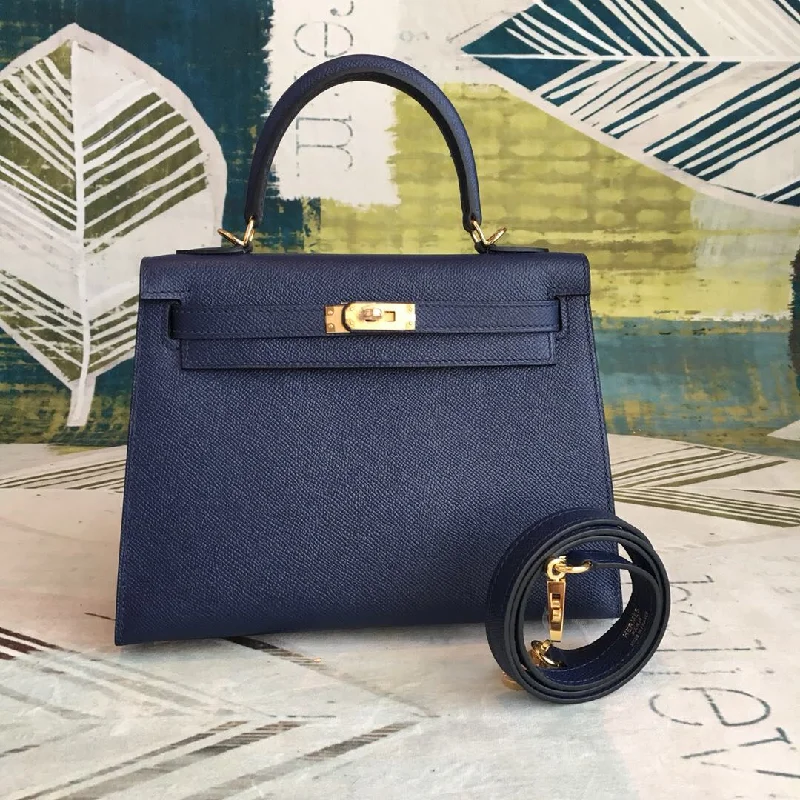 Hermes Kelly 28 Bleu Cherve Bag With Gold Toned Harware For Women. Women-s Handbags. Shoulder Bags 11in/28cm