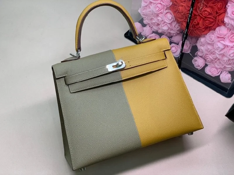 Hermes Kelly 28 Sellier Epsom Bag Grey/Yellow For Women. Women-s Handbags. Shoulder Bags 11in/28cm