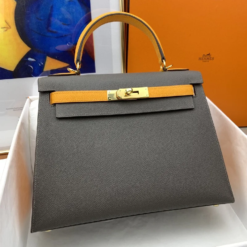 Hermes Kelly 28 Sellier Epsom Dark Grey/Yellow Bag For Women. Women-s Handbags. Shoulder Bags 11in/28cm