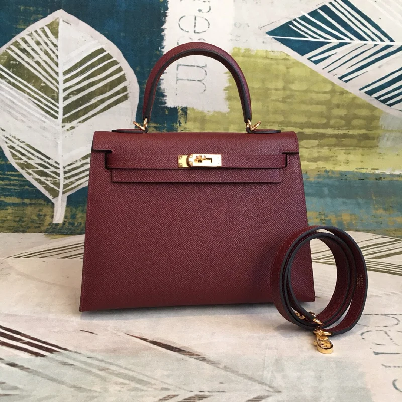 Hermes Kelly Burgundy For Women Gold Toned Hardware 10in/25cm