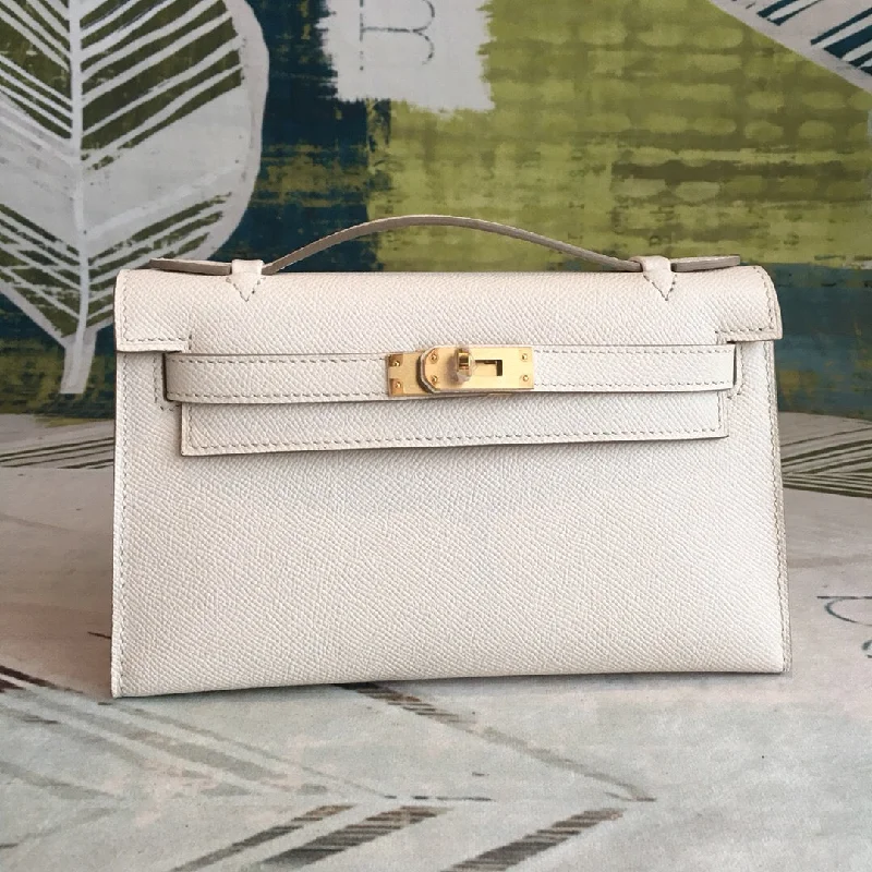 Hermes Kelly Pochettee White For Women Gold Toned Hardware 8.5in/22cm