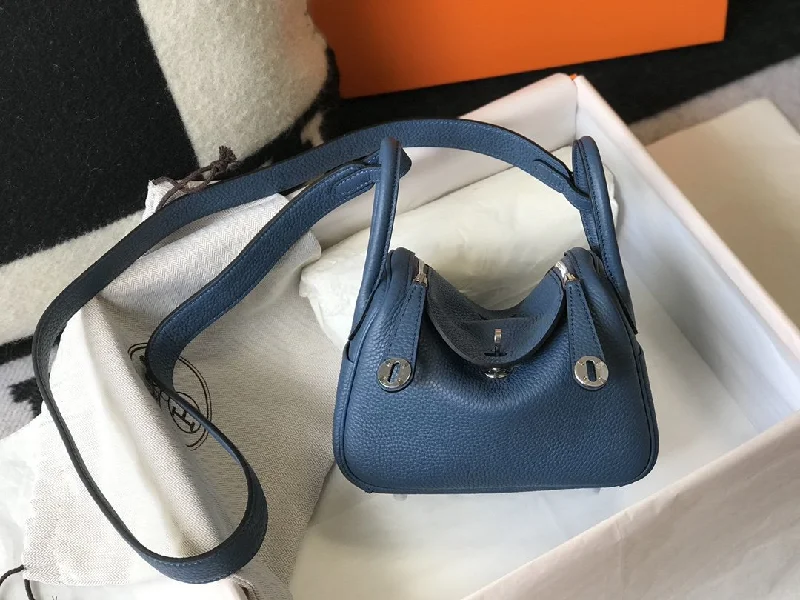 Hermes Lindy Mini Blue Jean Clemence Bag With Gold Hardware For Women. Women-s Handbags. Shoulder And Crossbody Bags 7.5in/19cm