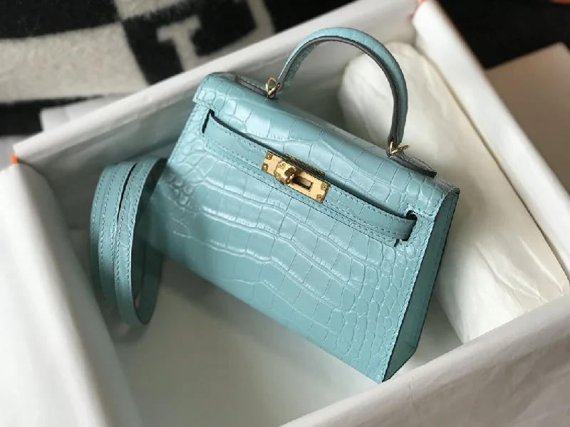 Hermes Mini Kelly 19 Embossed Patent Blue Paon Bag With Gold-Toned Harware For Women. Women-s Handbags. Shoulder Bags 7.5in/19cm