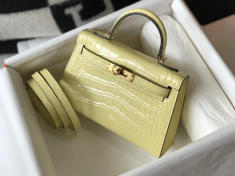 Hermes Mini Kelly 19 Embossed Patent Matte Yellow Bag With Gold-Toned Harware For Women. Women-s Handbags. Shoulder Bags 7.5in/19cm