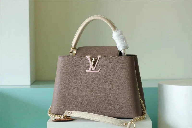 Louis Vuitton Capucines MM Taurillon Smokey Brown Green/ Creme/ Pink For Women. Women-s Bags. Shoulder And Crossbody Bags 12.4in/31.5cm LV M59516