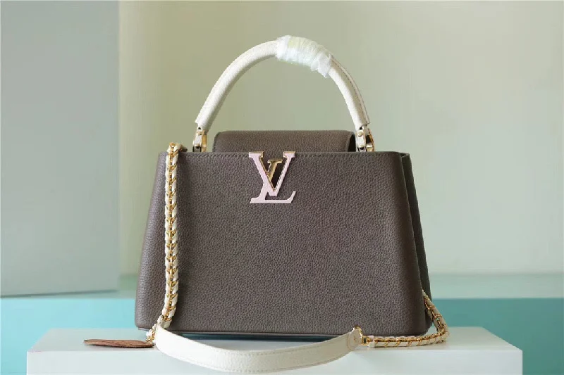 Louis Vuitton Capucines MM Taurillon Smokey Brown Green/ Creme/ Pink For Women. Women-s Handbags. Shoulder And Crossbody Bags 31.5cm/12.4in LV M59516