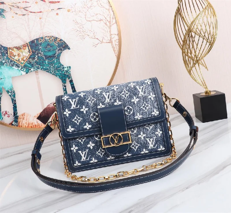 Louis Vuitton Dauphine MM Denim Jacquard Monogram Pattern Navy Blue For Women. Women-s Handbags. Shoulder And Crossbody Bags 9.8in/25cm LV M59631