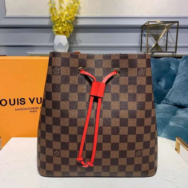 Louis Vuitton Neo Noe BB Bucket Bag 26cm Damier Ebene Canvas Spring/Summer Collection N40214. Cherry Berry