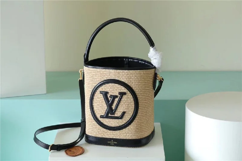 Louis Vuitton Petit Bucket Raffia Black For Women. Women-s Bags. Shoulder And Crossbody Bags 9.4in/24cm LV M59961