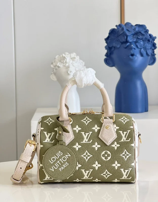 Louis Vuitton Speedy Bandoulire 20 Monogram Empreinte Khaki Green/Beige/Cream For Women. Women-s Handbags 8.1in/21cm LV M46118