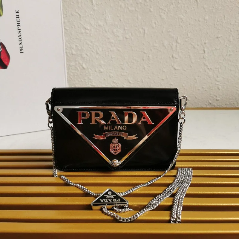 Prada Brushed Shoulder Bag Black For Women. Women-s Bags 6.7in/17cm