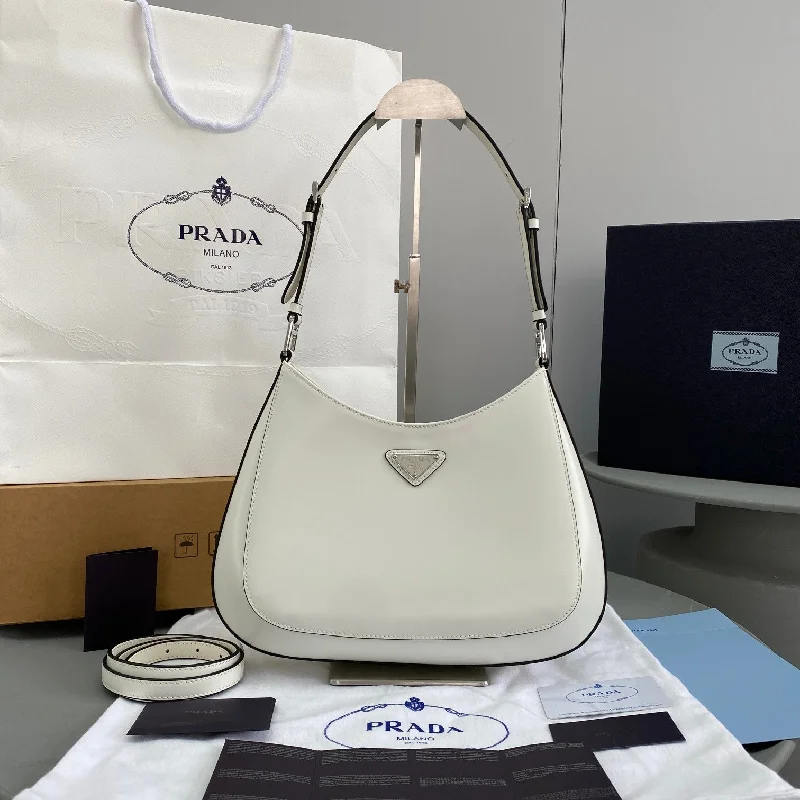 Prada Cleo Brushed Shoulder Bag White For Women. Women-s Bags 11.8in/30cm 1BC156_ZO6_F0PG7_V_HOO