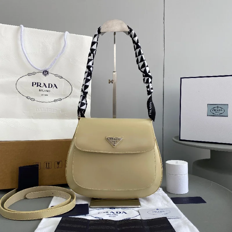 Prada Cleo Brushed Shoulder Bag With Flap Beige For Women. Women-s Bags 9in/23cm