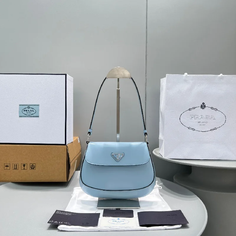 Prada Cleo Brushed Shoulder Bag With Flap Light Blue For Women. Women-s Bags 8.6in/22cm 1BD311_ZO6_F02TG_V_OOO