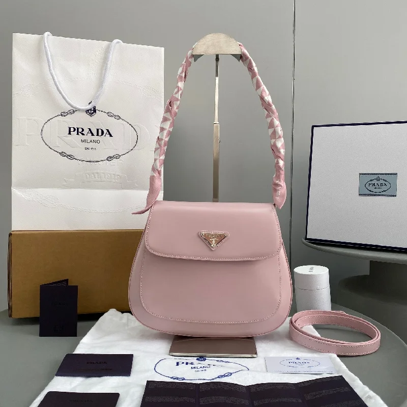 Prada Cleo Brushed Shoulder Bag With Flap Pink For Women. Women-s Bags 9in/23cm