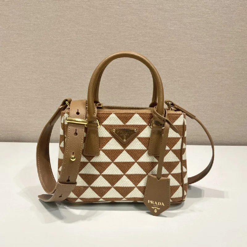 Prada Galleria Embroidered Jacquard Fabric Micro-Bag Brown/White For Women. Women-s Bags 7.9in/20cm 1BA906_2FKL_F0I0U_V_XOM