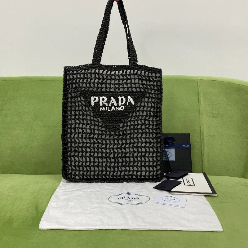 Prada Raffia Tote Bag Black For Women. Women-s Bags 14.9in/38cm 1BG393_2A2T_F0002_V_OOO