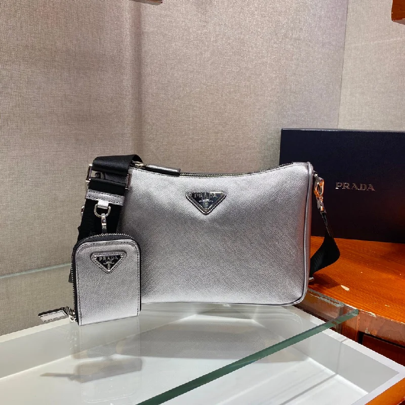 Prada Re-Nylon And Saffiano Shoulder Bag Silver For Women. Women-s Bags 9.4in/24cm