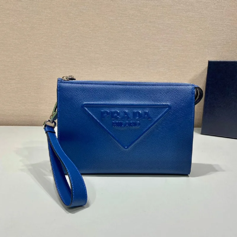 Prada Saffiano Pouch Blue For Women. Women-s Bags 9.8in/25cm 2VF039_2FAD_F0016_V_OOO