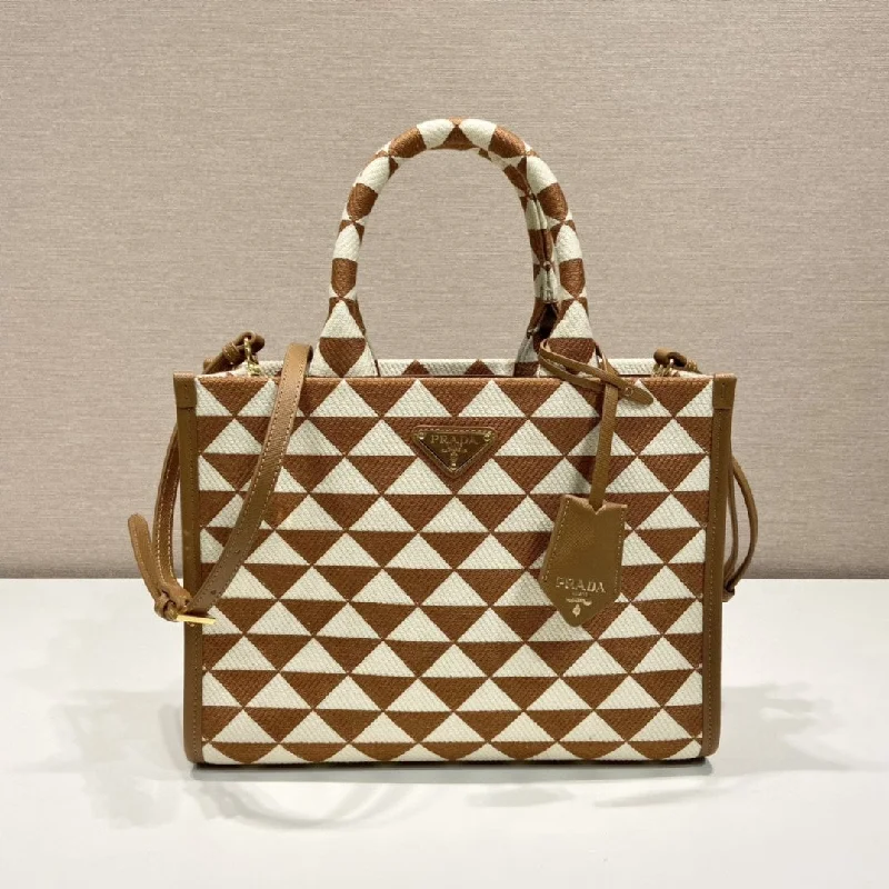 Prada Small Symbole Jacquard Fabric Handbag Brown/White For Women. Women-s Bags 11in/28cm 1BA354_2FKL_F0I0U_V_OOO