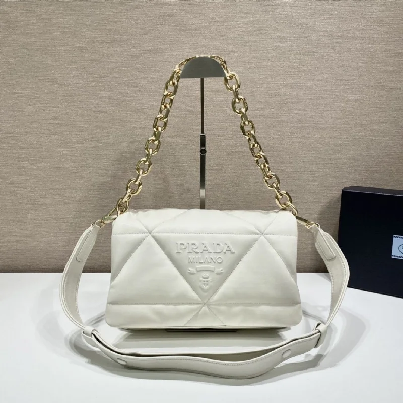 Prada System Nappa Patchwork Shoulder Bag White For Women. Women-s Bags 7.5in/19cm